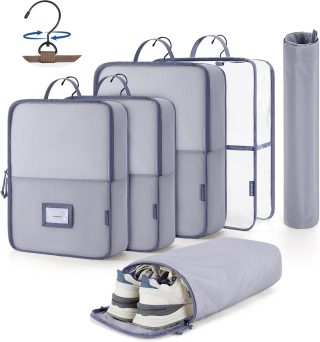 BAGSMART Hanging Packing Cubes for Travel, 6 Set Clear Waterproof Packing Cubes for Suitcases, Storage Organizer for Hanging Closet with Zipper, Handles and Hook Grey