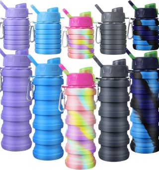 CHENGU 5 Pcs Collapsible Water Bottles 16 oz Portable Foldable Water Bottles Silicone Leak Proof Travel Water Bottle Reusable Sports Water Bottle with Metal Clip for Camping Hiking Travel (Colorful)